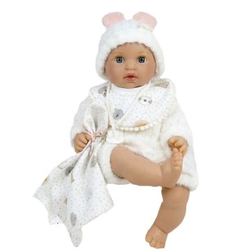 Bambola Alex Cozy Bianca Nines d'Onil 40cm completo felpato occhi chiudono cappello orecchie 3 anni - Bindi Giochi