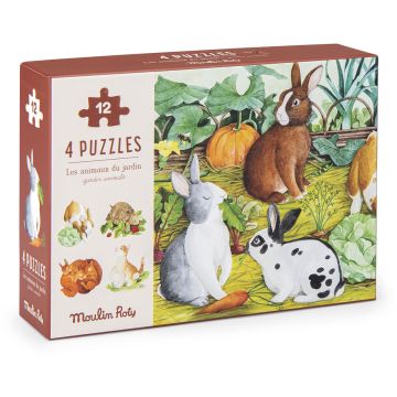 quattro mini puzzle animali del giardino moulin roty bindi giochi