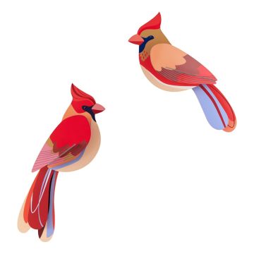 Coppia di uccellini cardinali 3D Studio Roof assemblati, decorazione murale in cartone riciclato dai colori vivaci - Bindi Giochi