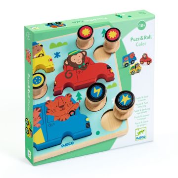 Puzzle 2 in 1 in legno Puzz & Roll Color Djeco macchinine - Bindi Giochi
