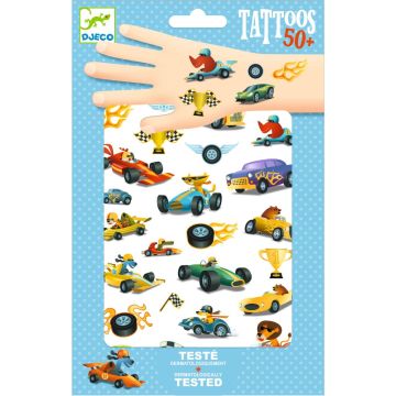 Tatuaggi temporanei Bolidi Djeco con effetti metallizzati auto da corsa - Bindi Giochi