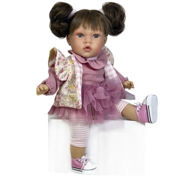 Bambola Nines d'Onil Susette Flower Pink Castana da 45 cm seduta con abito in tulle rosa giacca fiorita e leggings a righe - Bindi Giochi Bambola Nines d'Onil Susette Flower Pink Castana da 45 cm seduta con abito in tulle rosa giacca fiorita e leggings a righe - Bindi Giochi