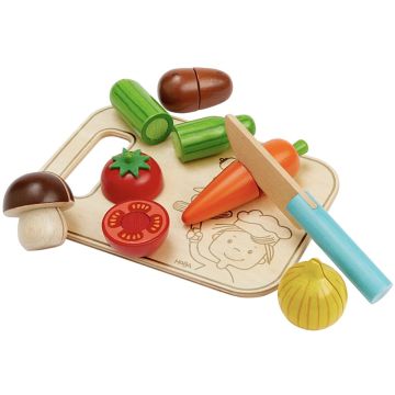 Set Verdure da Tagliare Haba 6 ortaggi legno velcro tagliere coltello 3 anni - Bindi Giochi
