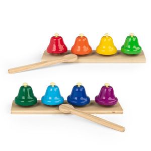 Set 8 campanelle musicali colorate Moulin Roty collezione Les Popipop con bacchette in legno e spartiti - Bindi Giochi