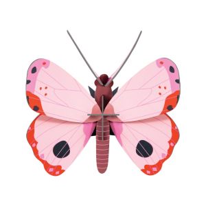 Scultura 3D Farfalla Rosara Studio Roof in cartone riciclato con ali rosa e dettagli grafici neri e rossi - Bindi Giochi